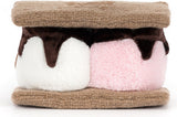 A plush Amuseables S'mores featuring brown faux-bread layers, white and pink marshmallows in the center, and dark brown chocolate drizzle, shown on a plain white background.
