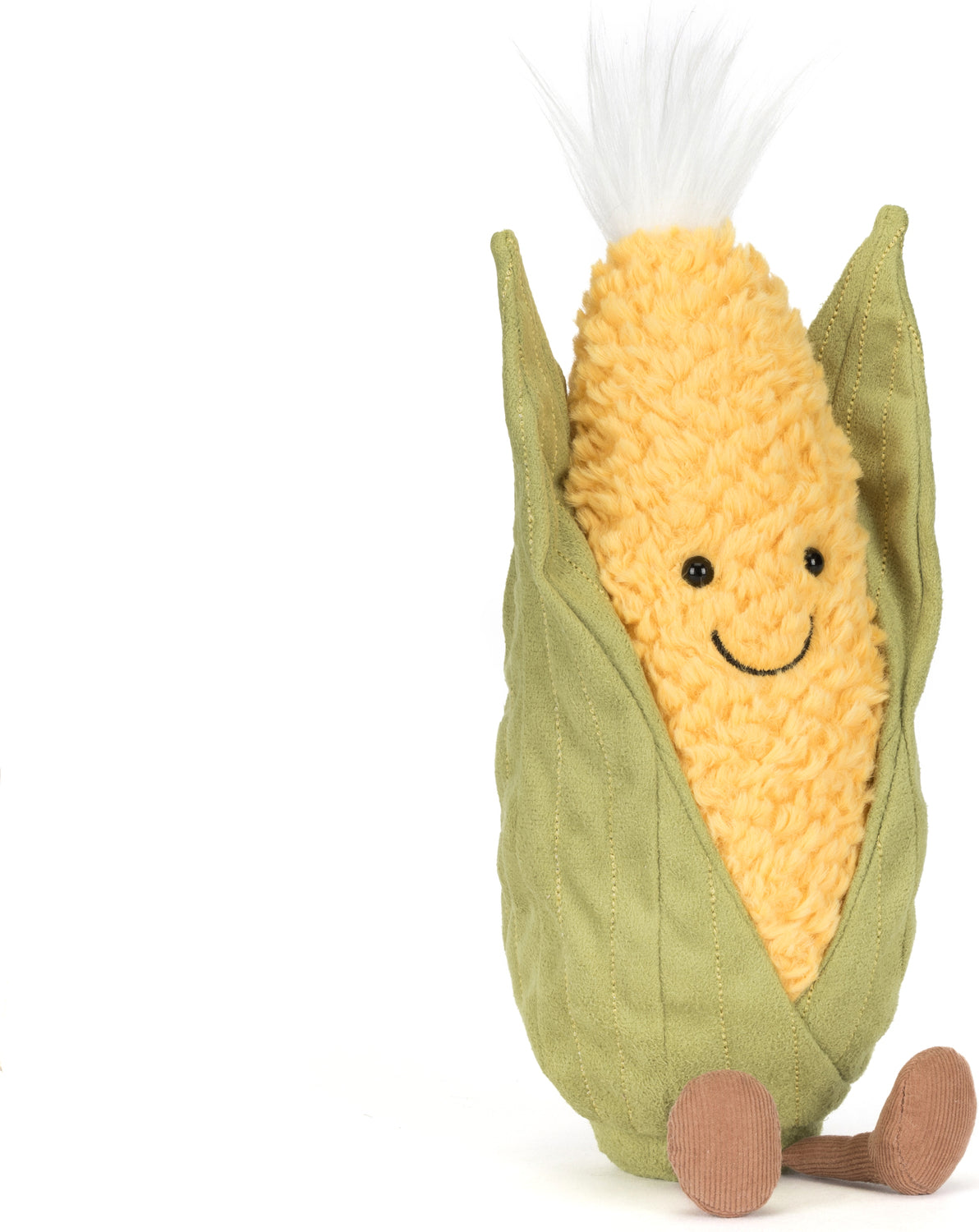 Soft plush toy shaped like a smiling ear of corn with green husks and small brown feet, designed as Amuseables Sweetcorn for children’s play and education.