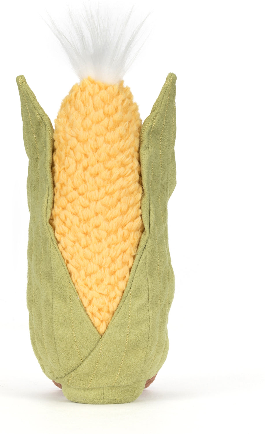 Soft plush toy shaped like an ear of corn with green husks and textured yellow kernels, designed as the Amuseables Sweetcorn toy for children to enjoy.