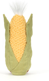 Soft plush toy shaped like an ear of corn with green husks and textured yellow kernels, designed as the Amuseables Sweetcorn toy for children to enjoy.