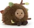 A brown plush Amuseables Mulshi Woodland Floor toy with a soft beige face, green felt leaves, and brown corduroy feet, photographed on a clean white background.