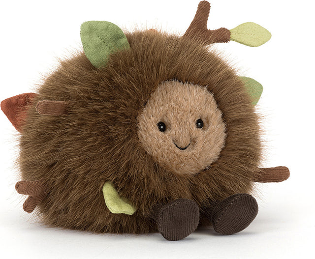 A brown plush Amuseables Mulshi Woodland Floor toy with a soft beige face, green felt leaves, and brown corduroy feet, photographed on a clean white background.