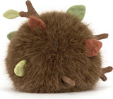 A round, fuzzy brown plush Amuseables Mulshi Woodland Floor toy with soft green leaf accents and small brown branch details, photographed on a clean white background.