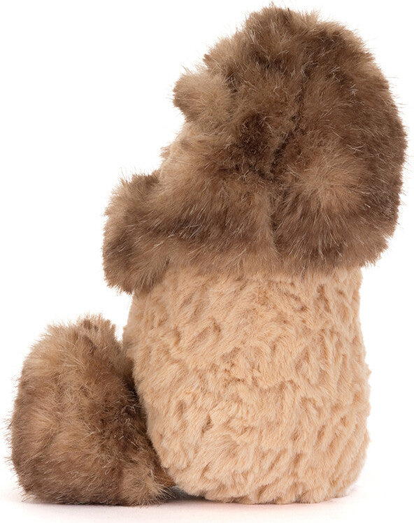 A plush Amuseables Peanut Yeti Outfit with a textured cream-beige body and fluffy brown faux-fur trim, shown from the back on a white background.
