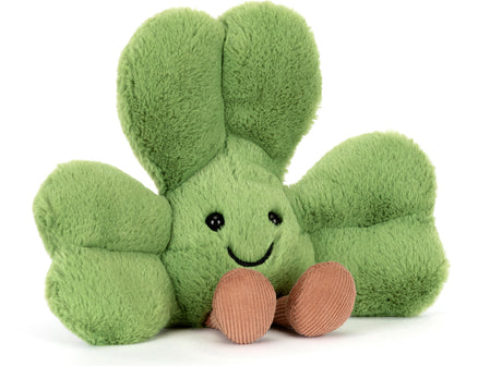 Amuseables Siofra Shamrock is a soft green plush toy shaped like a smiling shamrock with three leaves and small brown feet, perfect for kids and collectors.