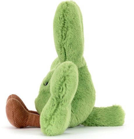 Side view of a soft green plush toy shamrock with brown corduroy feet, named Amuseables Siofra Shamrock, designed as a kid’s stuffed toy.