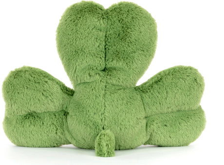 Soft green plush shamrock toy viewed from the back with three rounded leaves , Amuseables Siofra Shamrock.