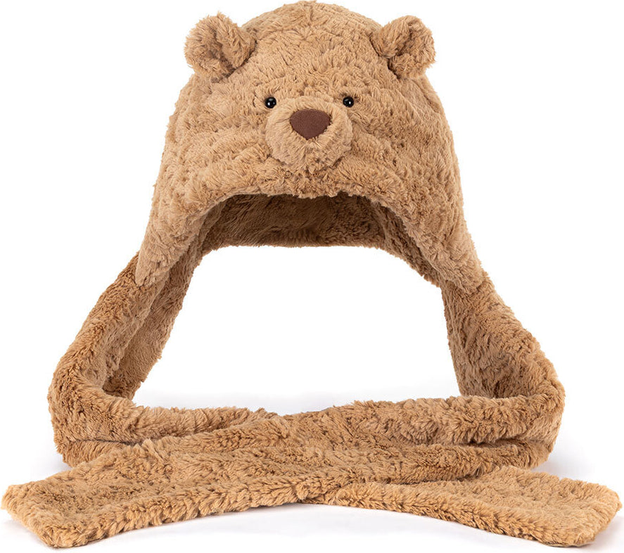 A plush Bartholomew Bear Bundlesnug ear warmer hat with a matching long scarf, made from soft brown faux fur, shown on a plain white background.
