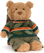 A plush Bartholomew Bear Hiking Outfit wearing a green, orange, and white patterned knit sweater, olive green pants, and a matching backpack, photographed on a clean white background.