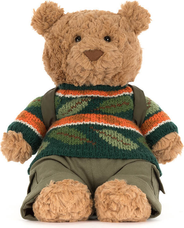 A plush Bartholomew Bear Hiking Outfit wearing a green, orange, and white patterned knit sweater and olive green pants, photographed against a plain white background.
