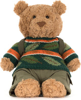 A plush Bartholomew Bear Hiking Outfit wearing a green, orange, and white patterned knit sweater and olive green pants, photographed against a plain white background.