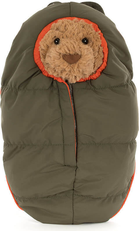 Bartholomew Bear Hiking Outfit in a olive green puffer sleeping bag .