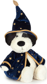 A plush Rufferty Puppy Wizard Outfit toy dressed as a wizard, wearing a navy blue velvet hat and robe with gold star patterns and trim, on a plain white background.