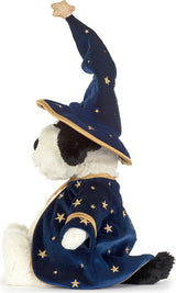 A plush Rufferty Puppy Wizard Outfit toy dressed as a wizard, featuring a navy blue velvet robe and pointed hat with gold star patterns and trim, set against a plain white background.
