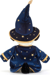 A plush Rufferty Puppy Wizard Outfit toy shown from the back, wearing a dark blue wizard costume with gold embroidered stars and trim, a pointed wizard hat, and a white fluffy neck.