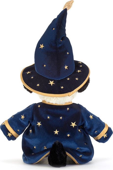A plush Rufferty Puppy Wizard Outfit toy shown from the back, wearing a dark blue wizard costume with gold embroidered stars and trim, a pointed wizard hat, and a white fluffy neck.