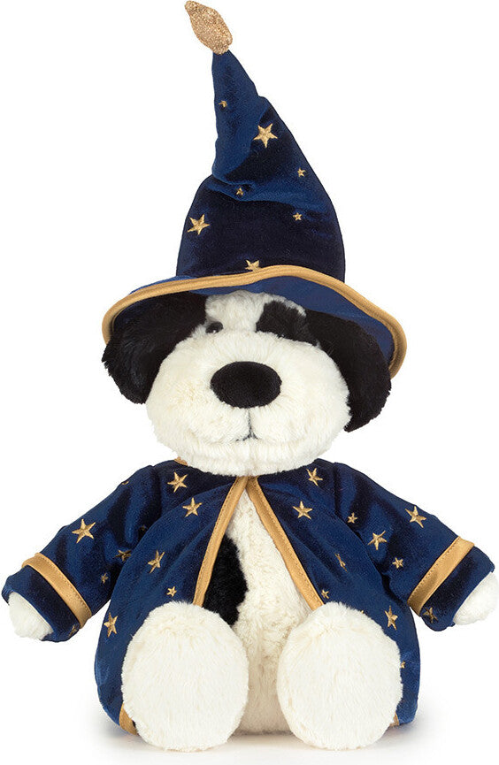 A plush Rufferty Puppy Wizard Outfit toy dressed as a wizard, wearing a navy blue pointed hat and matching robe with gold star patterns and trim, on a plain white background.