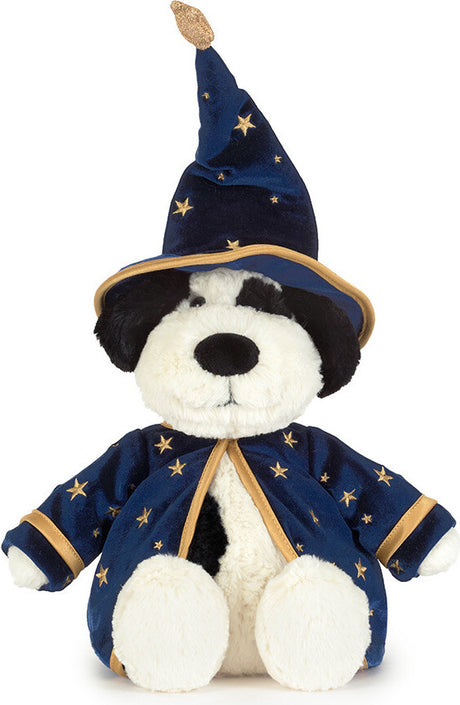 A plush Rufferty Puppy Wizard Outfit toy dressed as a wizard, wearing a navy blue pointed hat and matching robe with gold star patterns and trim, on a plain white background.
