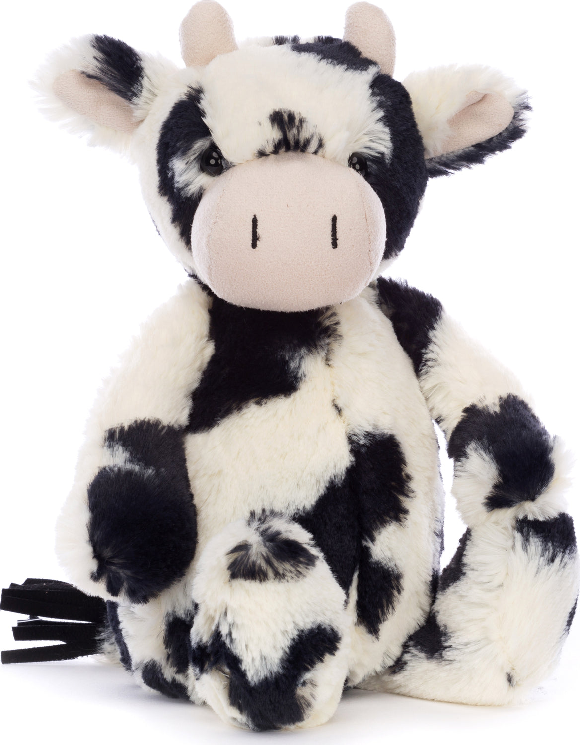 Soft black and white plush toy cow sitting upright with gentle facial features and floppy ears, named Bashful Calf, perfect as a stuffed animal gift for children.