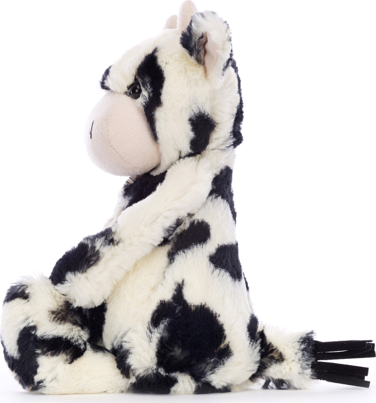 Soft plush toy of Bashful Calf with black and white spots, sitting in profile with a gentle expression, perfect for toddlers and kids.