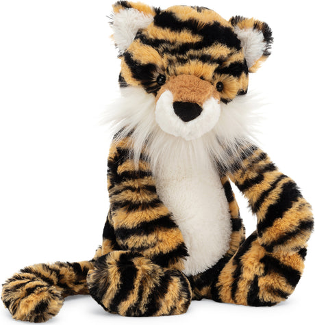 Bashful Tiger Medium plush toy with soft orange and black stripes, white chest and face details, and a friendly expression, perfect for toddler toys and stuffed animals.