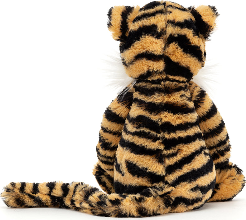 Soft plush Bashful Tiger Medium sitting with its back facing the viewer, featuring realistic orange and black striped fur and a long tail, perfect as a stuffed animal toy.