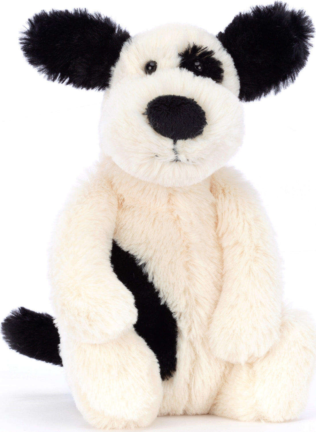 Soft and cuddly Bashful Black & Cream Puppy Small plush toy with black ears, nose, and eye patch, perfect for children as a comforting stuffed animal.
