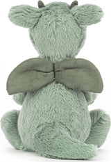 Soft green plush Bashful Dragon Small toy shown from the back, featuring fuzzy fabric, small wings, horns, and a curled tail, perfect as a cuddly stuffed animal for kids.