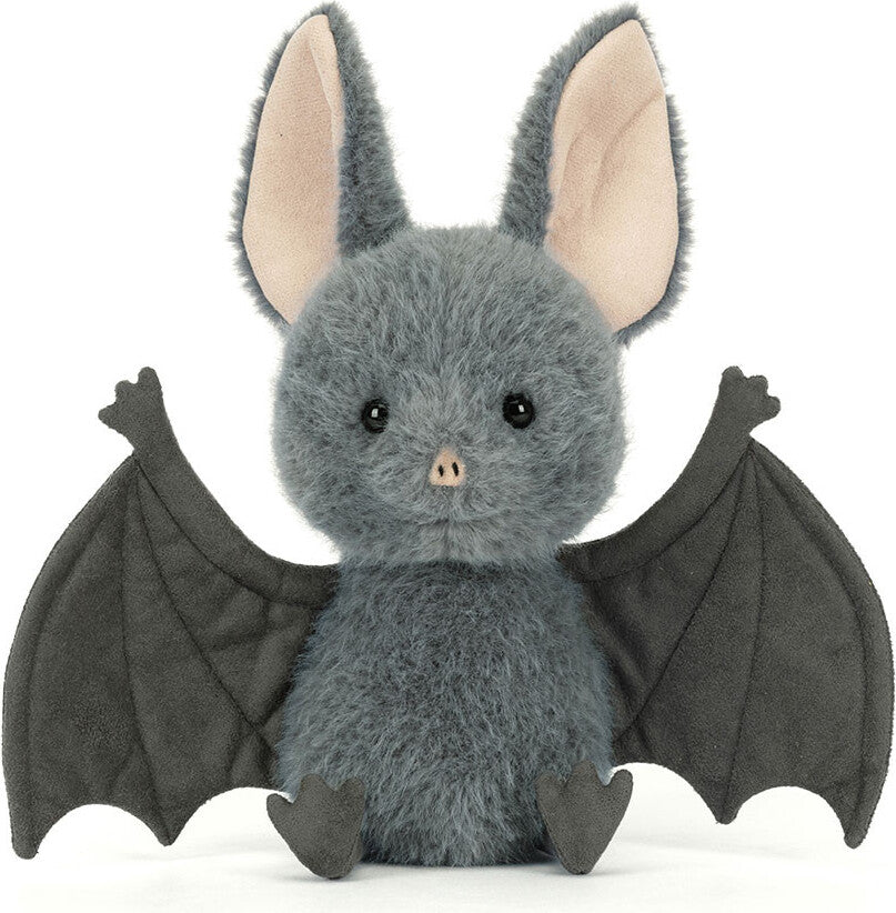 Plush toy Broox Bat with gray fur and black wings on a white background