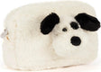 A fluffy faux-fur Rufferty Puppy Pouch shaped like a dog head, featuring black ears, nose, and eyes on a white background.