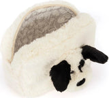A plush Rufferty Puppy Pouch made of fluffy faux fur, shown open against a plain white background. The exterior is cream/off-white with black ears, black eye patch, and black nose, while the interior lining has a gray and beige patterned print.