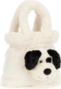 A plush Rufferty Puppy Handbag in off-white faux fur with black ears, nose, and eyes, shown on a plain white background.