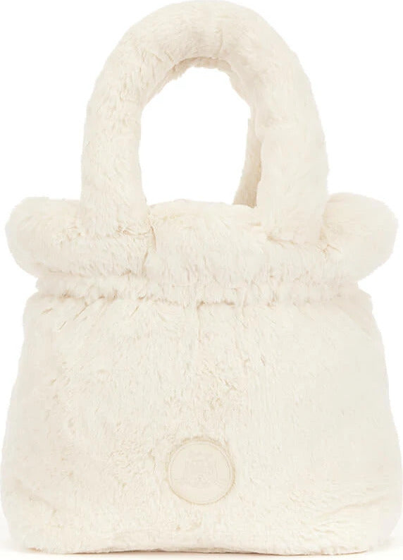 A fluffy faux-fur Rufferty Puppy Handbag in off-white, featuring a rounded body, a top handle