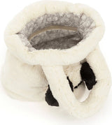 A plush, soft faux-fur Rufferty Puppy Handbag, featuring cream-colored fur, black ears, and a patterned gray and white interior with a zipper.