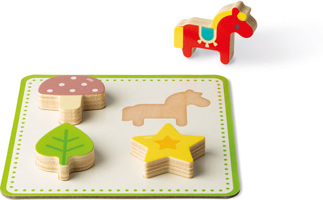Set of wooden shapes including a mushroom, horse, star, and leaf on a white background from the Memory Touch Recognition Game