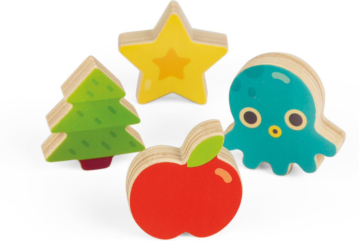 Set of colorful wooden toys including a star, tree, apple, and octopus on a white background from the Memory Touch Recognition Game