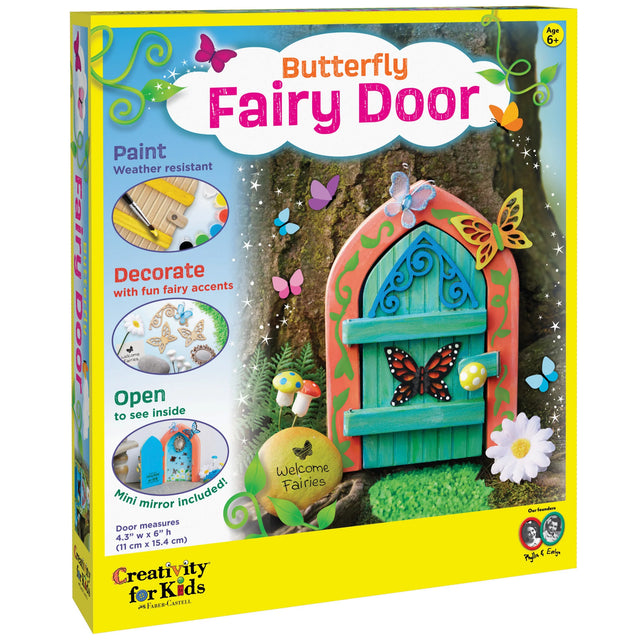 Box for Butterfly Fairy Door with colorful design and text