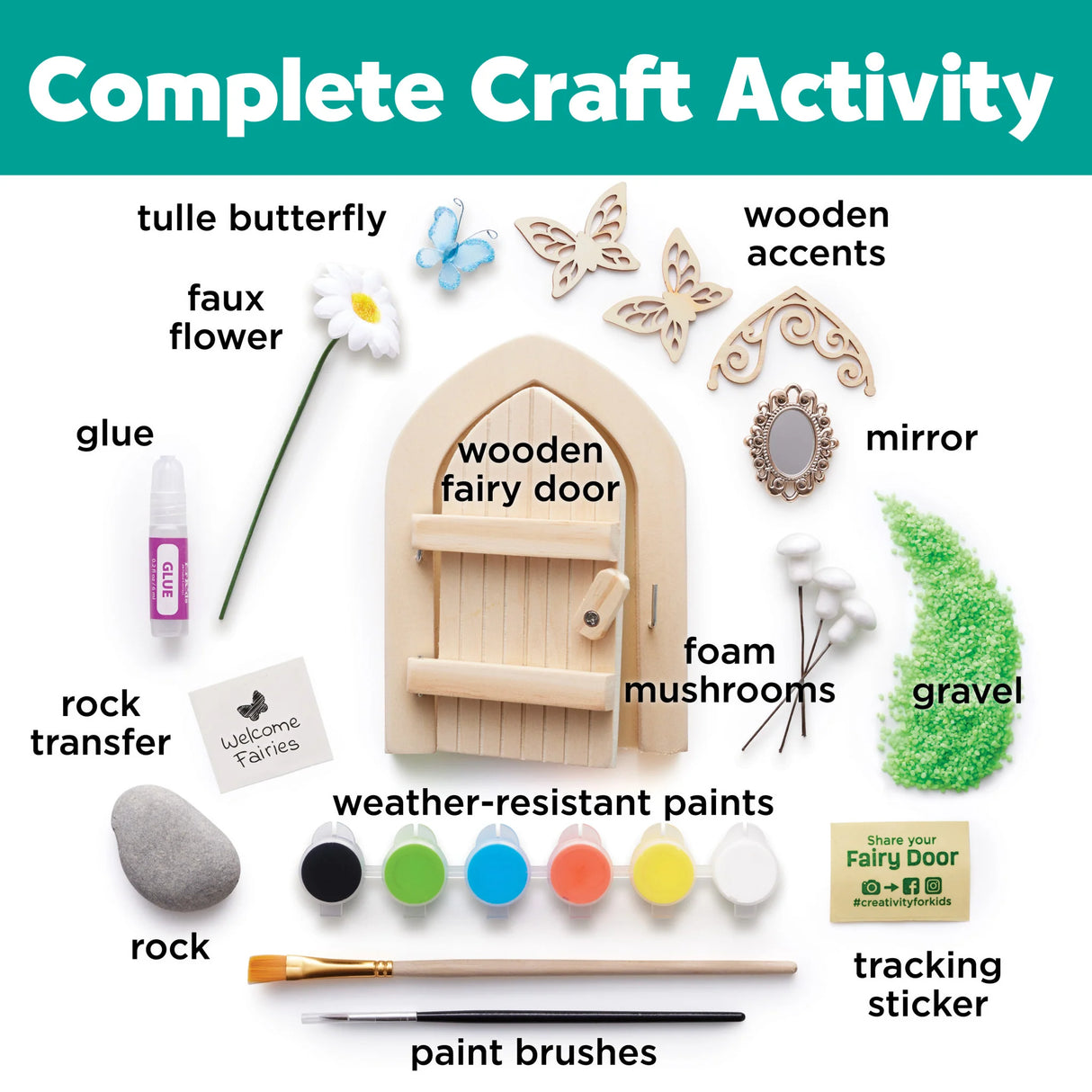 Collection of items for a complete craft activity including a wooden fairy door, paintbrushes, and various decorative elements.