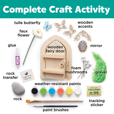 Collection of items for a complete craft activity including a wooden fairy door, paintbrushes, and various decorative elements.