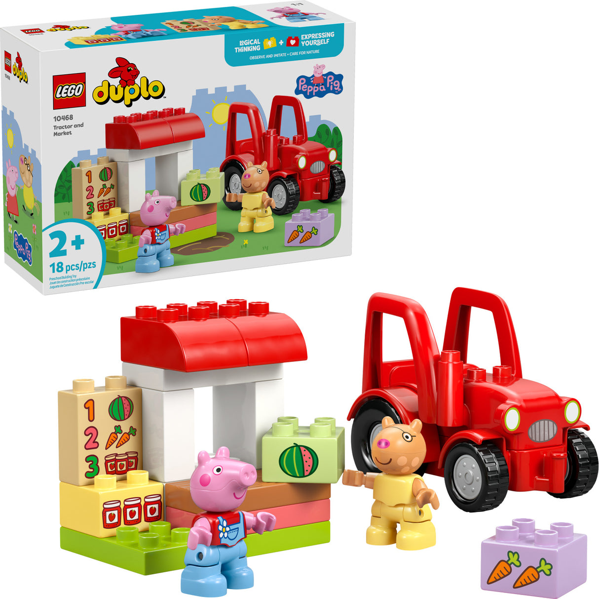 LEGO DUPLO Peppa Pig: Tractor and Market set with red tractor, Peppa Pig, and other characters on a white background