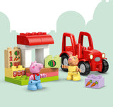 LEGO DUPLO Peppa Pig: Tractor and Market set with a red tractor, colorful building blocks, and toy figures on a light green background