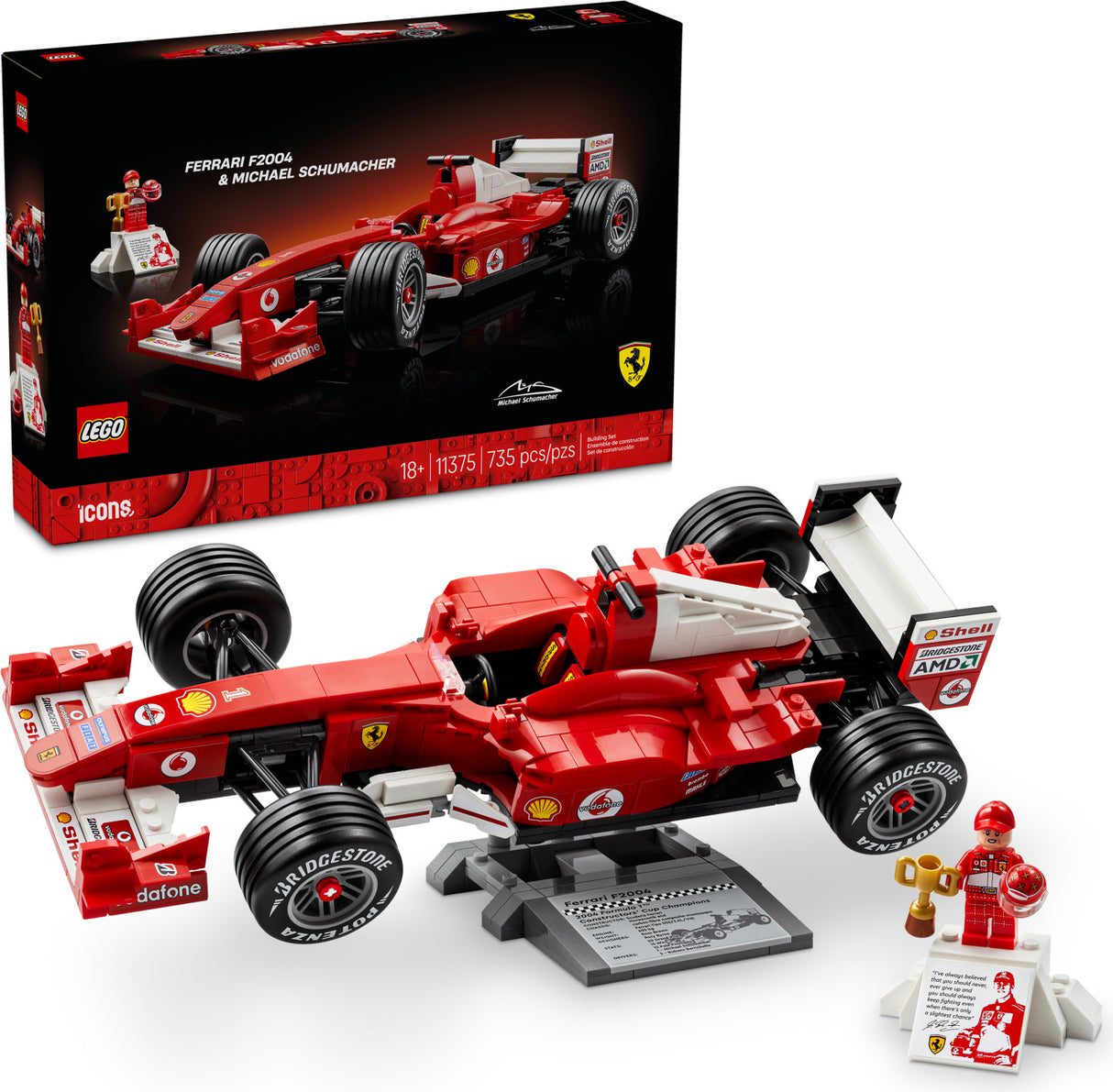 LEGO Icons: Ferrari F2004 & Michael Schumacher model with packaging on a white background