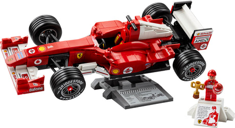 Toy LEGO Icons: Ferrari F2004 & Michael Schumacher with a driver figure on a white background