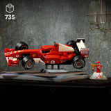 Red LEGO Icons: Ferrari F2004 & Michael Schumacher model with a small figure on a dark surface