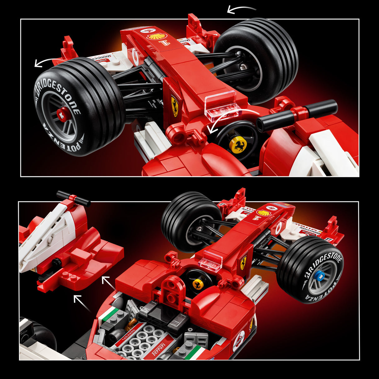 Close-up of a red LEGO Icons: Ferrari F2004 & Michael Schumacher model with detailed components on a dark background