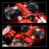 Close-up of a red LEGO Icons: Ferrari F2004 & Michael Schumacher model with detailed components on a dark background