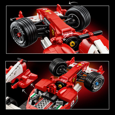 Close-up of a red LEGO Icons: Ferrari F2004 & Michael Schumacher model with detailed components on a dark background