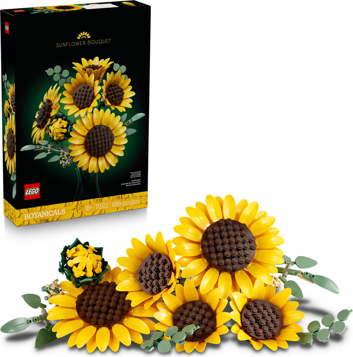 LEGO Botanicals Sunflower Bouquet set with packaging on a white background