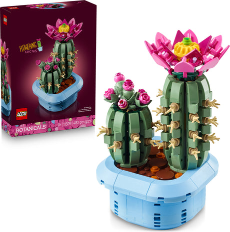 LEGO Botanicals cactus set with pink flowers and packaging on a white background