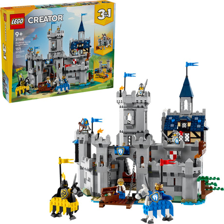 LEGO Creator: Medieval Horse Knight Castle set with a detailed gray stone castle, knights on blue and yellow armored horses, flags, and mini-figures for creative medieval play.
